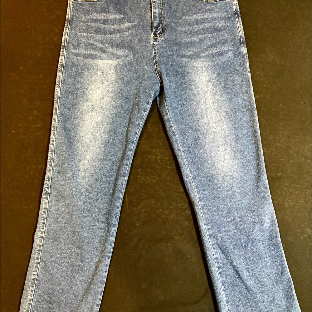 Blue Straight Leg Jeans with Distressed Look